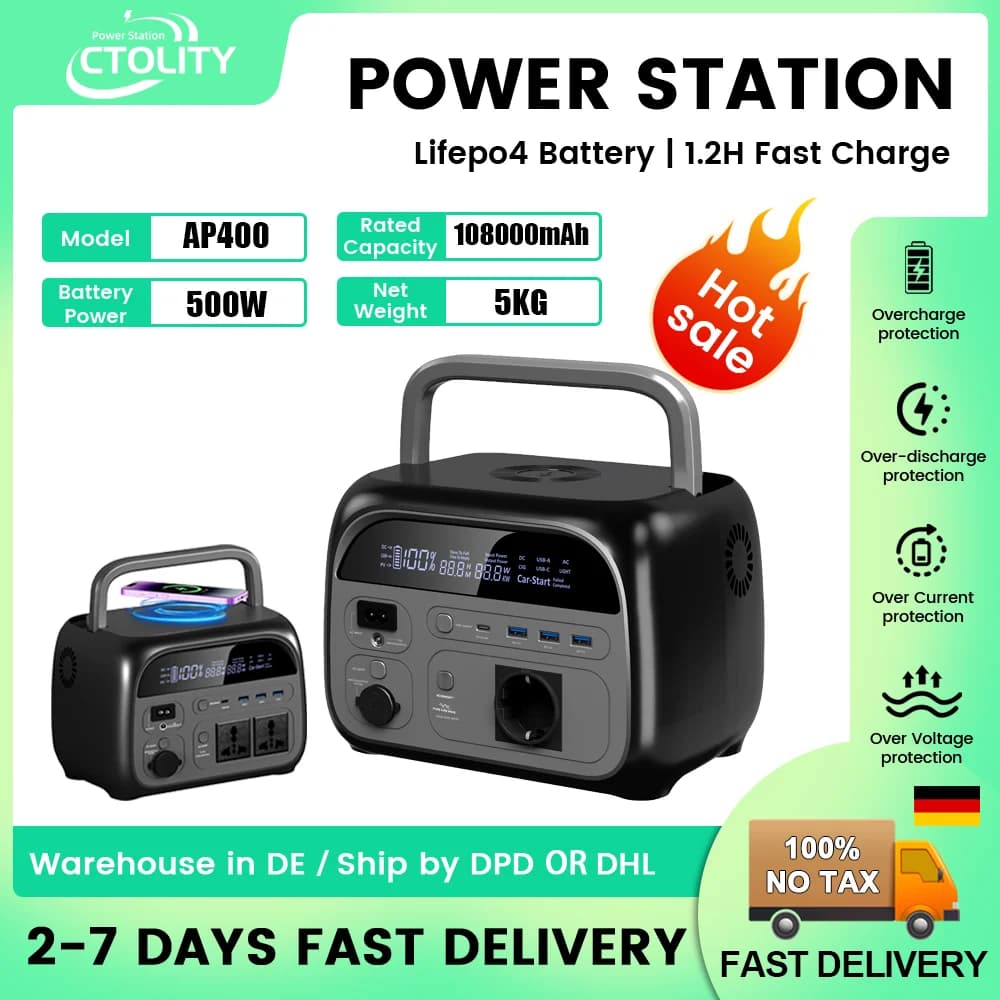 CTOLITY FACTORY AP400 500W 345Wh Stazione di Alimentazione Portatile 108000mAh Batteria LiFePo4 per Accumulo di Energia e Alimentazione di Emergenza