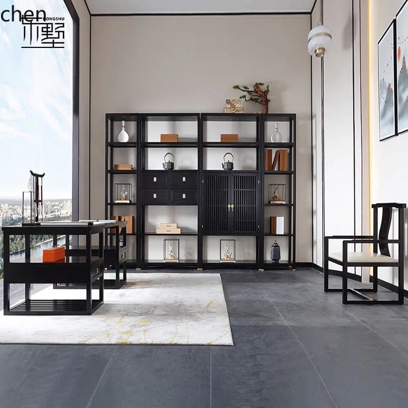 HTT Modern New Chinese Style Solid Wood Office Calligraphy Desk Zen Desk Chair Bookcase Furniture Set
