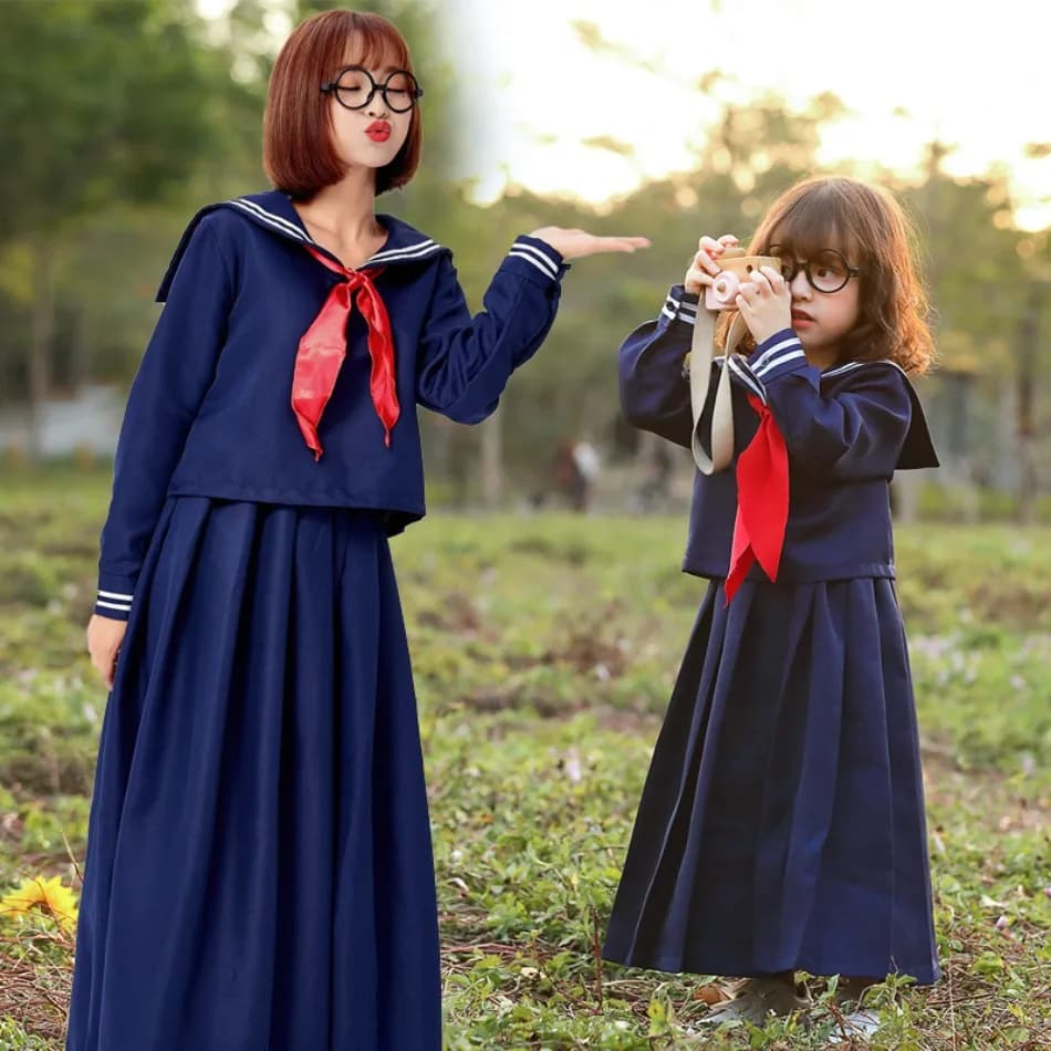 Girls Japanese Student Dark Blue Long Sleeve Uniform Children Girls Style Daily Pleated Long Dress Little Navy Sailor Sets PS66