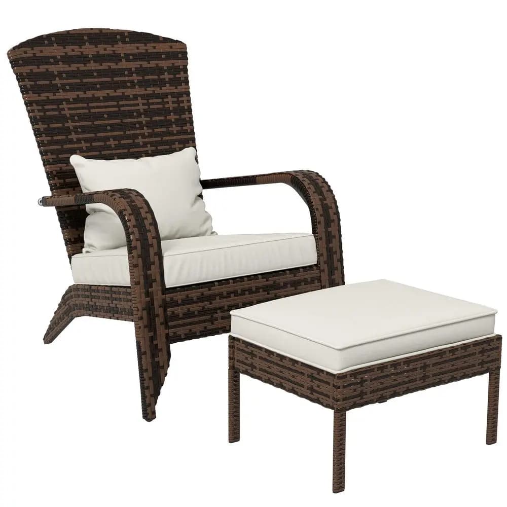 Sedia Adirondack in vimini da esterno con poggiapiedi, sedia per braciere da esterno con cuscini, schienale alto, seduta e braccioli ampi per terrazza, giardino