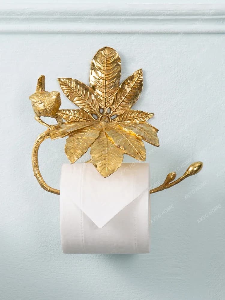 A Solid Brass Light Luxury Elegant Brass Bird Roll Paper Holder Vintage Bathroom Tree Trunk Wall Hanging Toilet Paper Holder