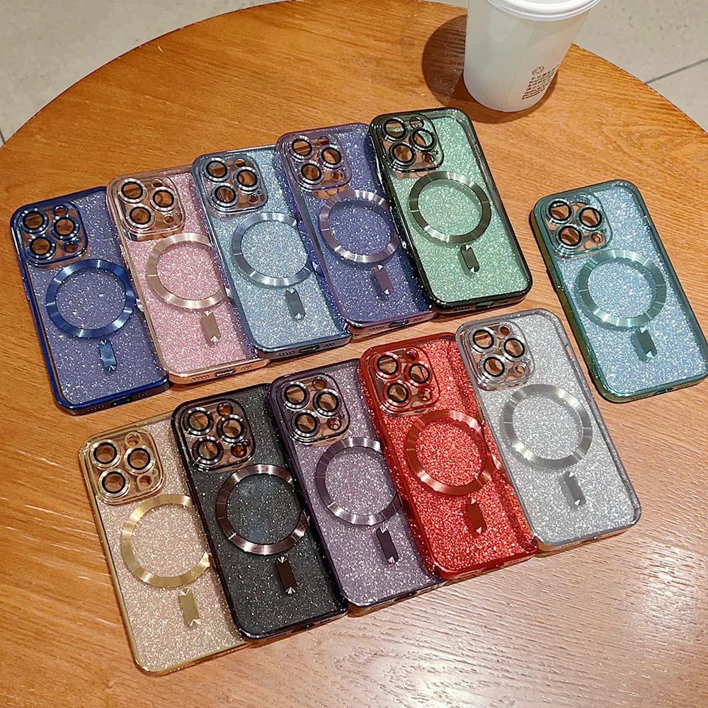 Placca di lusso per custodia per telefono con ricarica wireless Magsafe per iPhone 17 Pro Max 16 15 13 12 11 copertura morbida con glitter per paraurti