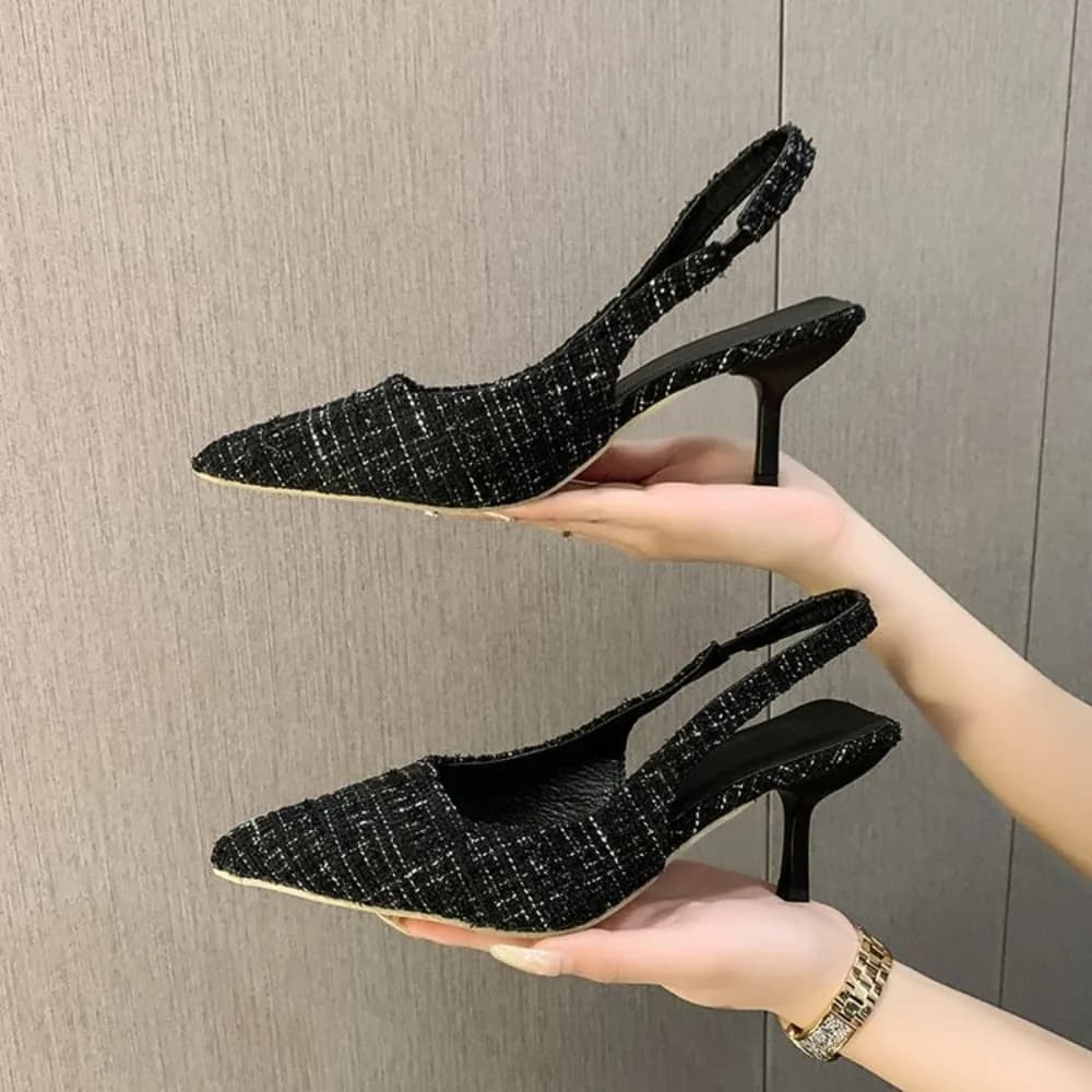 Elegant Office Ladies Slingback Stiletto Shoes Summer Backless Pointed Toe Thin Heels Light Blue Checkered High Heeled Sandals