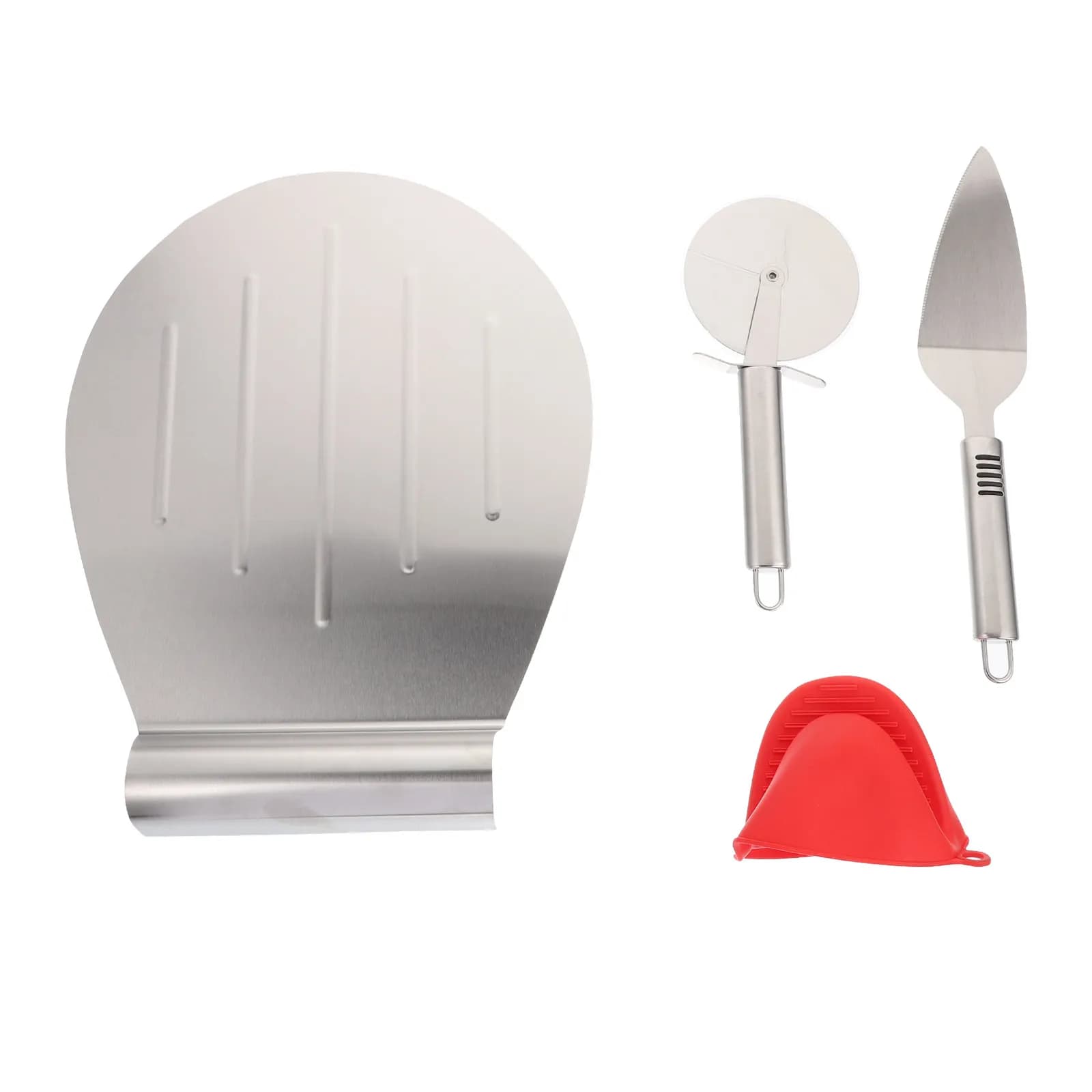 Set di 4 Pale per Pizza in Acciaio Inox, Spatola per Trasferire Torte, Accessorio da Cucina con Manico Antiscivolo Robusto