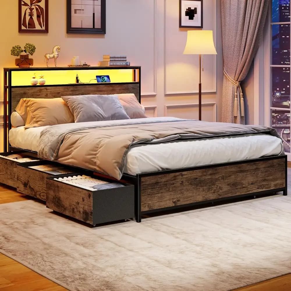Double bed with metal platform, charging station, LED lights, container, no need for slats, rustic brown