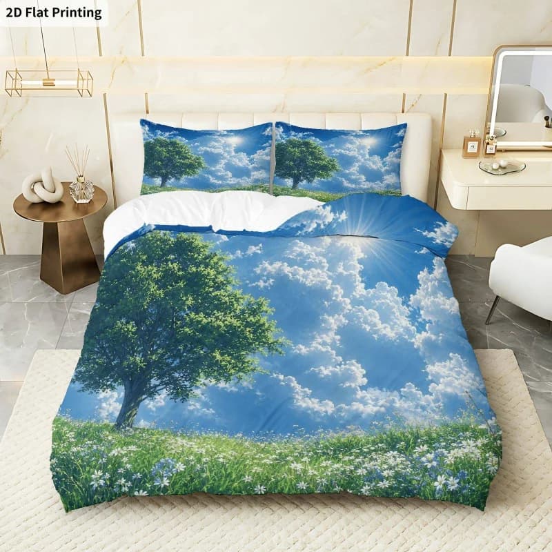 3PCS Duvet Cover, 1 Duvet Cover + 2 Pillowcases (Without Filler) Blue Sky Meadow