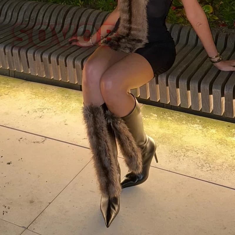 Women's Pointed Toe Mid-calf Boots Stiletto High Heel Fluffy Boots Fashion Winter Shoes Solid Plush Sexy Party Dress Shoes