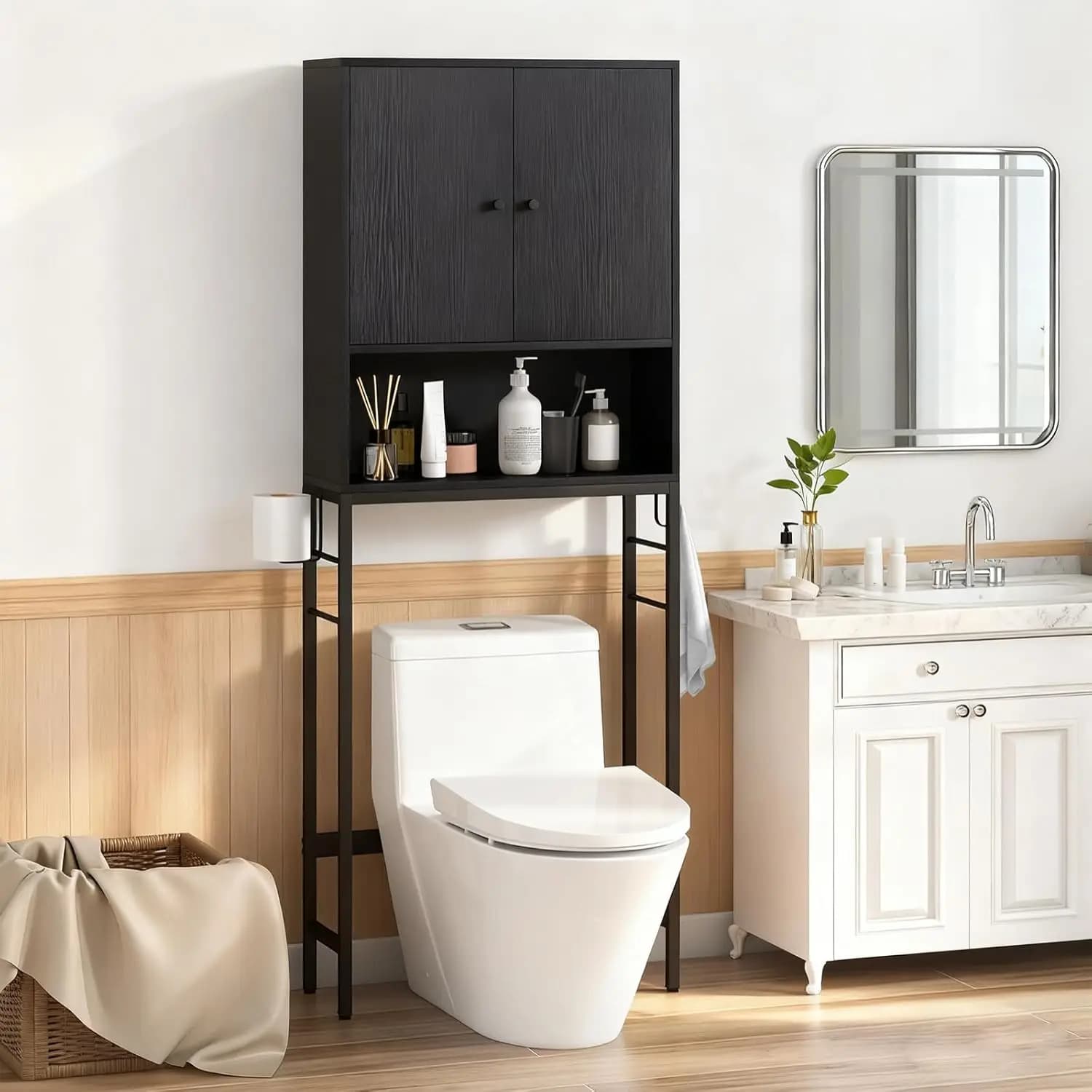 Mobiletto Salvaspazio da Bagno Sopra il WC con Portarotolo e Gancio, Ripiano Regolabile e Barra Inferiore, Cubo Contenitore Aperto
