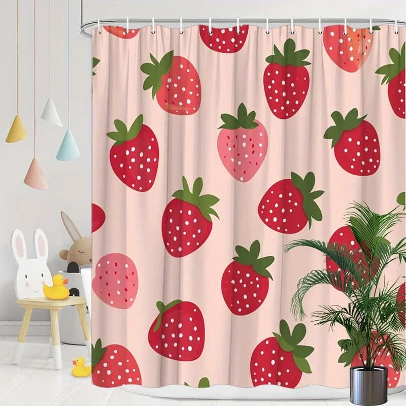 ~O~1pc Shower curtain with strawberry pattern - Polyester, washable, 12 hooks, funny extravagant design, 70,8x70,8"