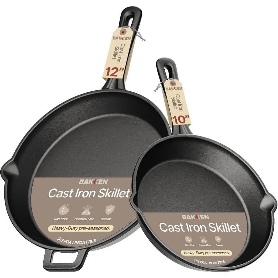 Bakken Cast Iron Skillet 10" and 12" Pre-Seasoned Frying Pans with Even Heat Retention Versatile for Stove Oven Grill and Campf