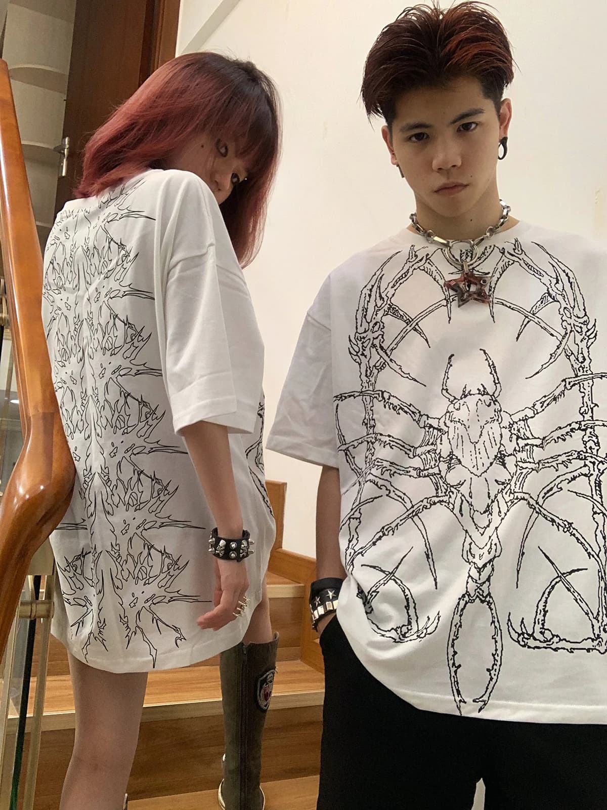 T-shirt a maniche corte ampia WEODY, stile Dark Punk originale, unisex, in cotone stampato, top estivo per coppie, con fantasia teschio creativa