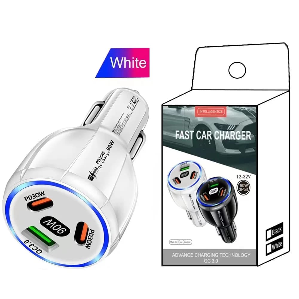 Caricabatteria da auto 3 in 1 90W ricarica rapida PD QC3.0 USB Type-C per IPhone 14 15 Pro Max Samsung Huawei Xiaomi adattatore per telefono