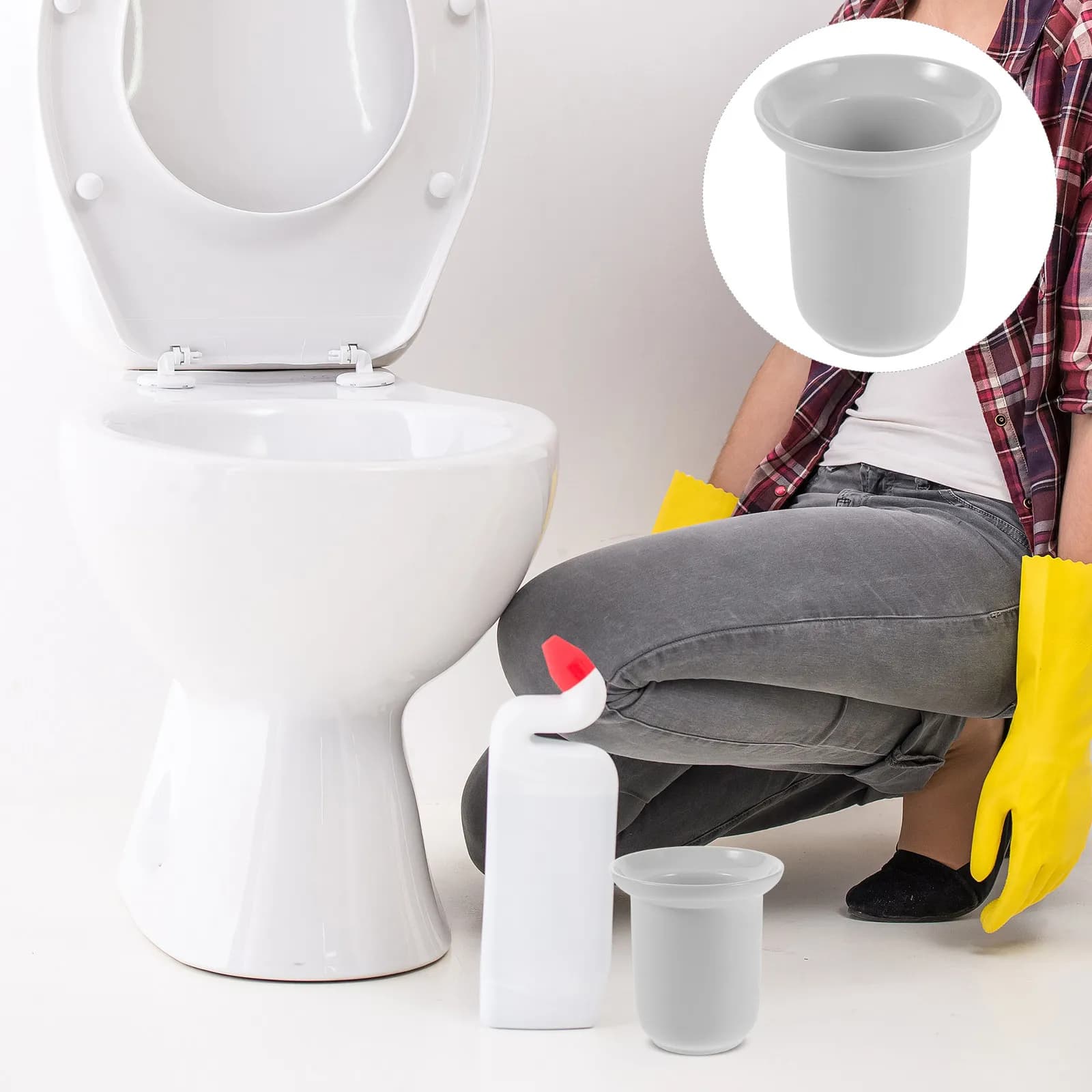 White Ceramic Toilet Brush Holder Porcelain Bathroom Brush Cup Compact Space-Saving Toilet Organizer Corner Bathroom Cleaning
