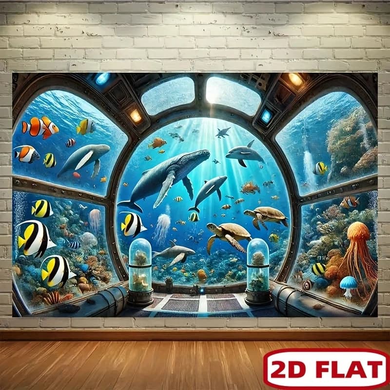 Underwater Submarine Window Whale Shark Tapestry 2D Flat Printing Wall Hanging Backdrop for Kids Room Decor Ocean Aquarium Art