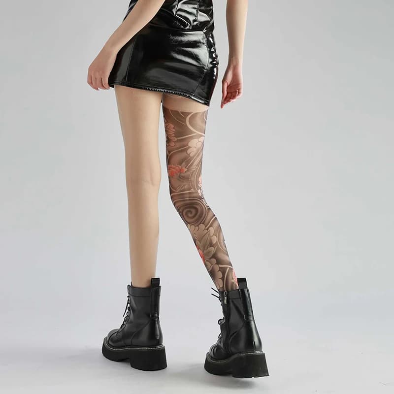 Women's Sexy Printed Tights Fake Tattoo Peony Pantyhose Female Perspective Mesh Leggings Nylon Socks