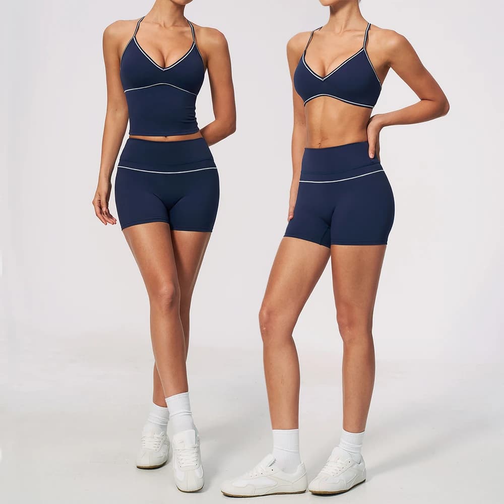 Women 2Piece Yoga Set V Neck Longline Crop Top and V Back Biker Shorts Butt Lifting Gym Workout Activewear Suit Female Sportwear