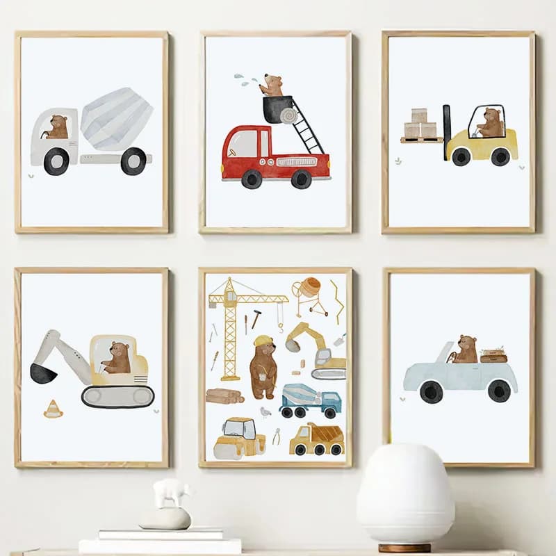 Nursery Wall Art Children's Prints Cartoon Bear Forklift Excavator Car Mud Truck Poster For Kids Room Baby Decor Canvas Paint