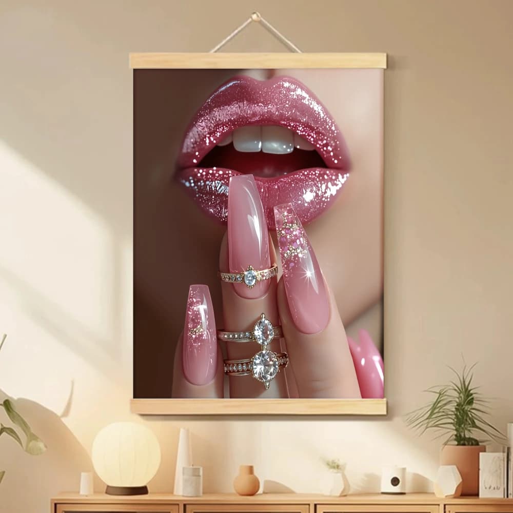 1 pz. Quadro su tela 2D piatto riutilizzabile, classico, rettangolare, con cornice per appendere, Arte da parete, Labbra rosa con anello di diamanti, Arte astratta