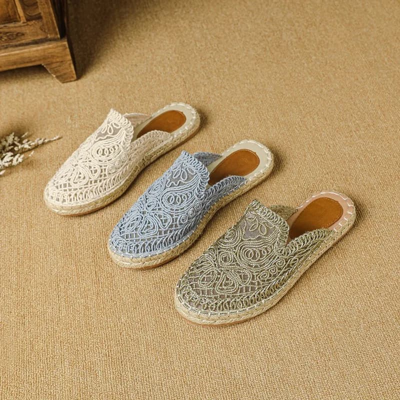 Scarpe basse Pantofole da donna Scivoli estivi da donna Tacchi traforati Mocassini Copri punta Tessuto Gomma PU Scandali Pantofole rotonde in cotone
