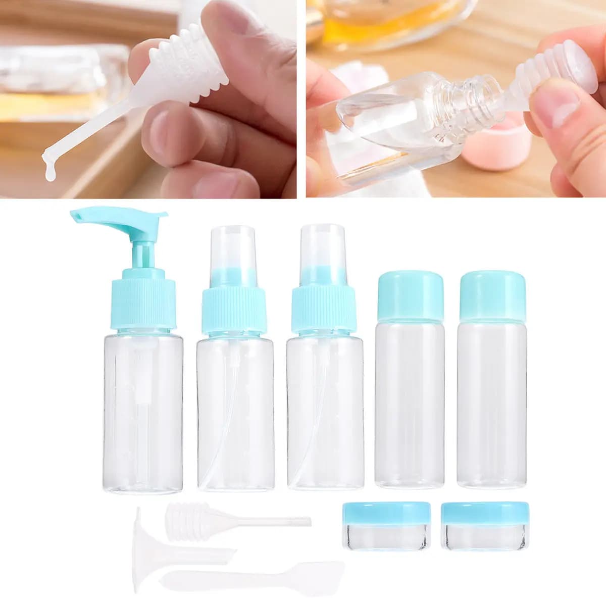Set of 11 PET travel bottles, resistant and rechargeable, for shampoo, lotion, face cleanser, sunscreen, light containers.