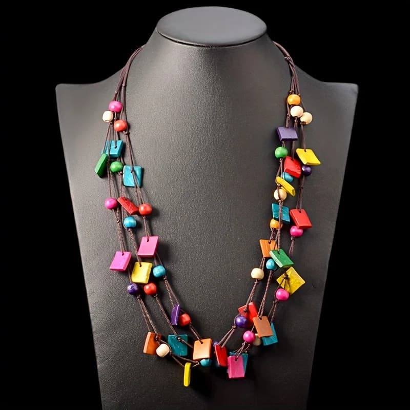 Handmade Multi-layer Square Wood Rice Bead Necklace, Bohemian Style Neck Jewelry Ethnic Style Women's Necklace