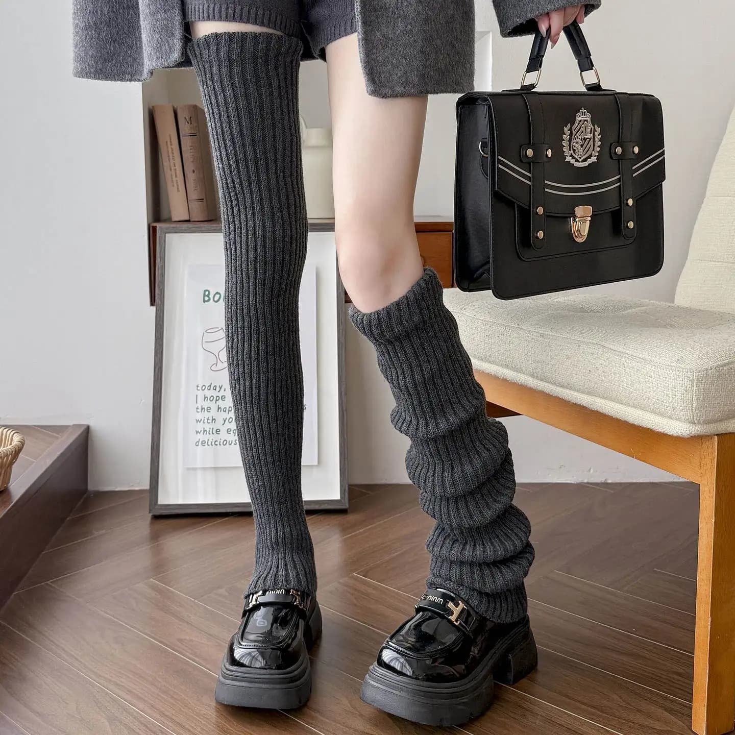 Thickened Knitted Long Tube Socks Women's Autumn Winter 70cm Japanese Style White Leggings Socks Lazy Long Knitted Socks Grey
