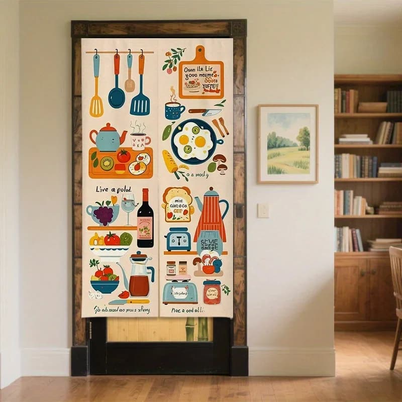 A kitchen-themed curtain with patterns of kitchenware and delicious food, used as a restaurant partition decoration.yzb