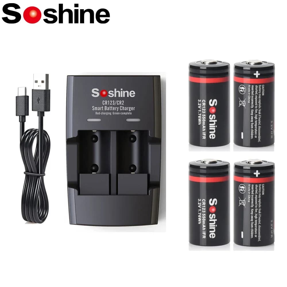 Batteria Soshine LiFePO4 RCR123 550mAh e caricabatterie intelligente LiFePO4 3.2V 550mAh 16340 Batteria ricaricabile Ciclo di scarica 2000 tempi