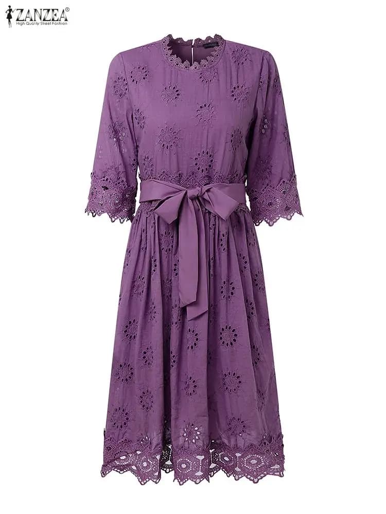 2025 ZANZEA Elegante Autunno Abito All'uncinetto in Pizzo Donna Elegante Abiti Ricamati Manica 3/4 Lavoro Vestito Estivo Pacthwork Midi Robe