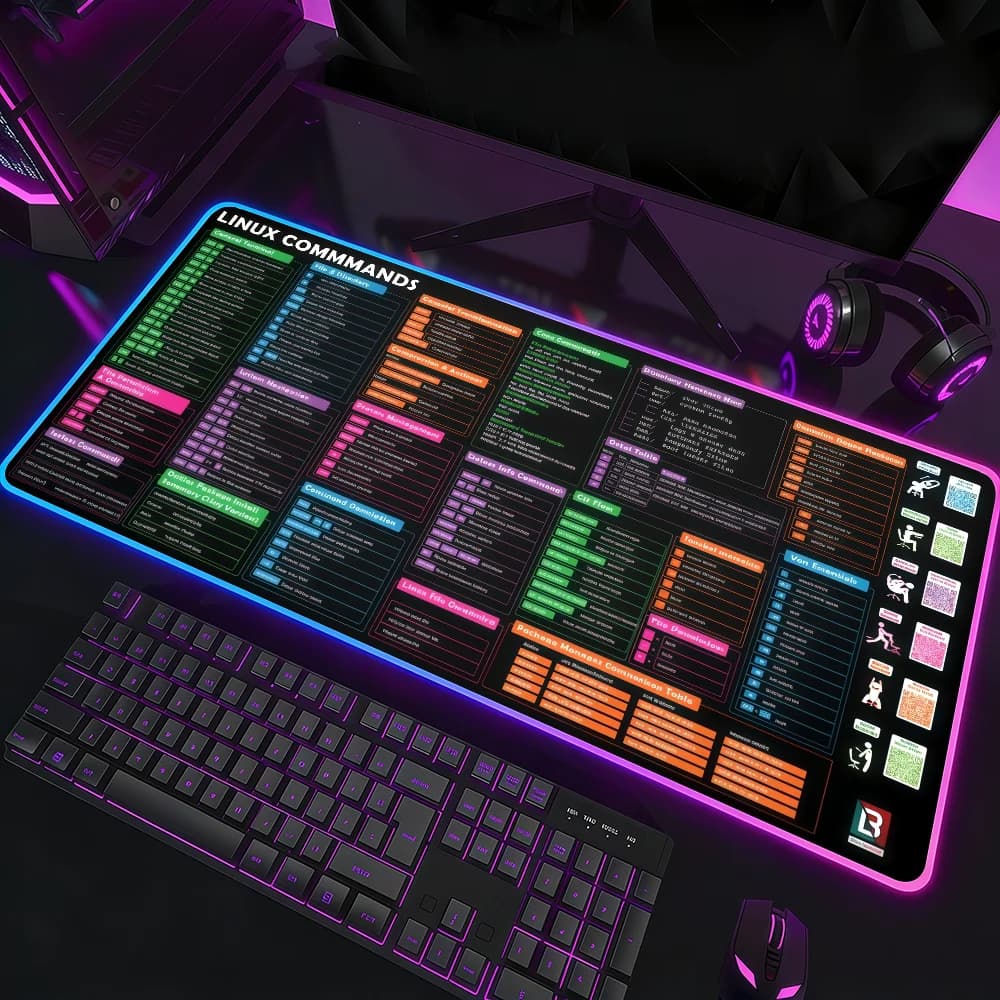 Tappetino per mouse con comandi Linux, impermeabile, con luce LED RGB, colorato, per tastiera da gioco, antiscivolo, superficie per tappetino da scrivania