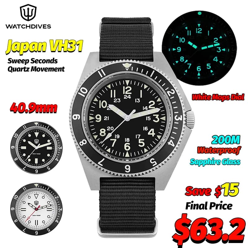 Watchdives WD1972 Quartz watch Sapphire Luminous Men's Watches VH31 Sweep Seconds Movement 20Bar Waterproof Watches with Gift Box