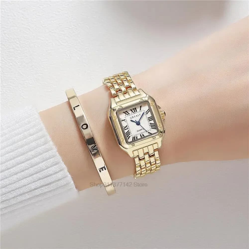 Orologi da Polso di Lusso da Donna 2024, Quadrante Quadrato, Cinturino in Lega Dorata, Orologio al Quarzo con Numeri Romani