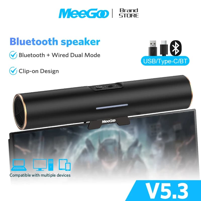 MeeGoo Clip-On Bluetooth Speaker Stereo Sound, Bluetooth 5.3 & USB/Type-C Dual Mode, Volume Knob, Desktop/Monitor Mountable new
