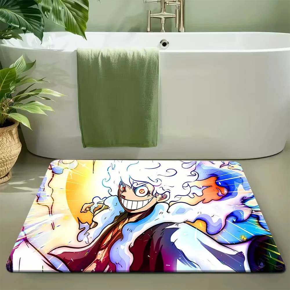 Tappetino da Bagno Antiscivolo Assorbente con Scena Luminosa di Monkey D. Luffy Gear 5 Nika Form, Personaggio Iconico della Squadra di Cappello di Paglia, Ispirato ad Anime One Piece