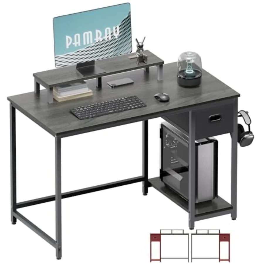 Scrivania per Computer da 39 Pollici con Supporto Monitor, Piccola Scrivania per Ufficio Domestico con Cassetto Portaoggetti in Tessuto Non Tessuto per Camera da Letto e Studio