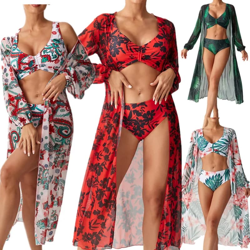 Set bikini da donna con stampa vegetale e copricostume, costume da bagno sexy a due pezzi, costume da bagno a tre pezzi, elegante abbigliamento da spiaggia per donna