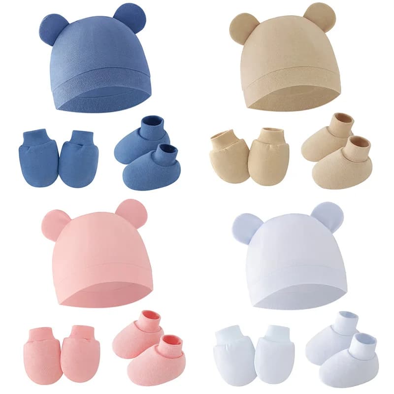Set Cappello, Guanti e Calzini per Neonati 2026, Berretto Colorato con Orecchie da Orso, Copricapo Caldo in Cotone per Bambini, Accessori per Fotografia, Regali per Baby Shower
