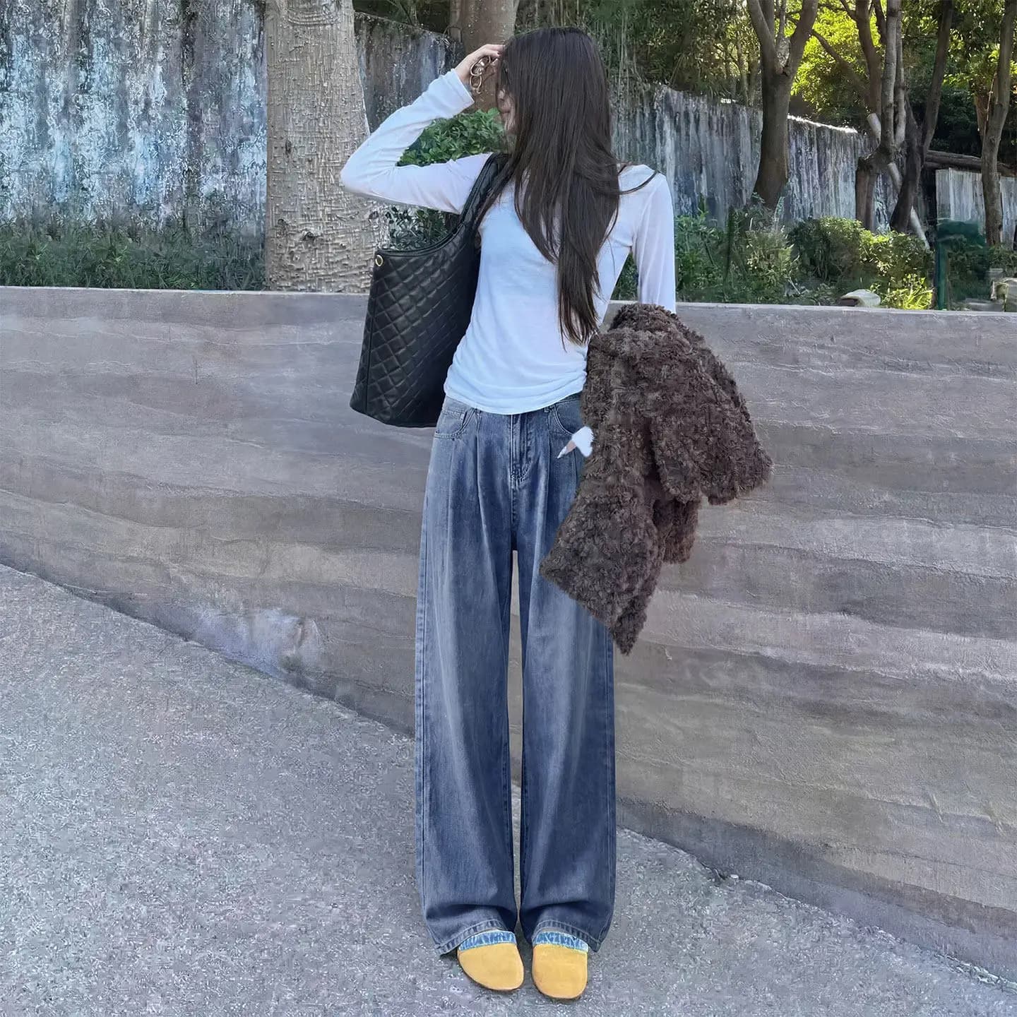 Retro Blue Silk Straight Leg Jeans Women's Small Size New American Versatile Slimming Loose Wide Leg Pants High Waist