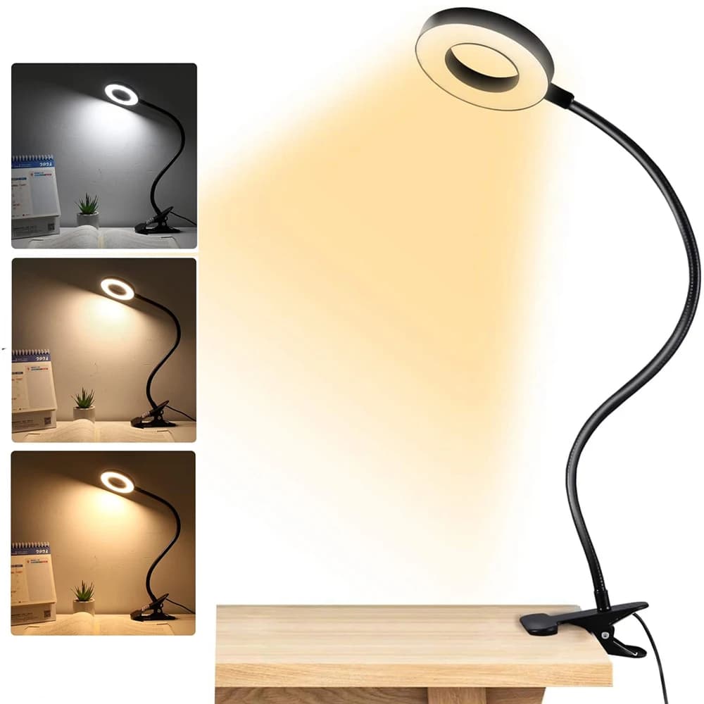 360 ° Flessibile 48 LED Lampada da scrivania Clip USB Lampada da libro Comodino Protezione per gli occhi Collo di cigno Luce da lettura Luminosità regolabile 3 livelli