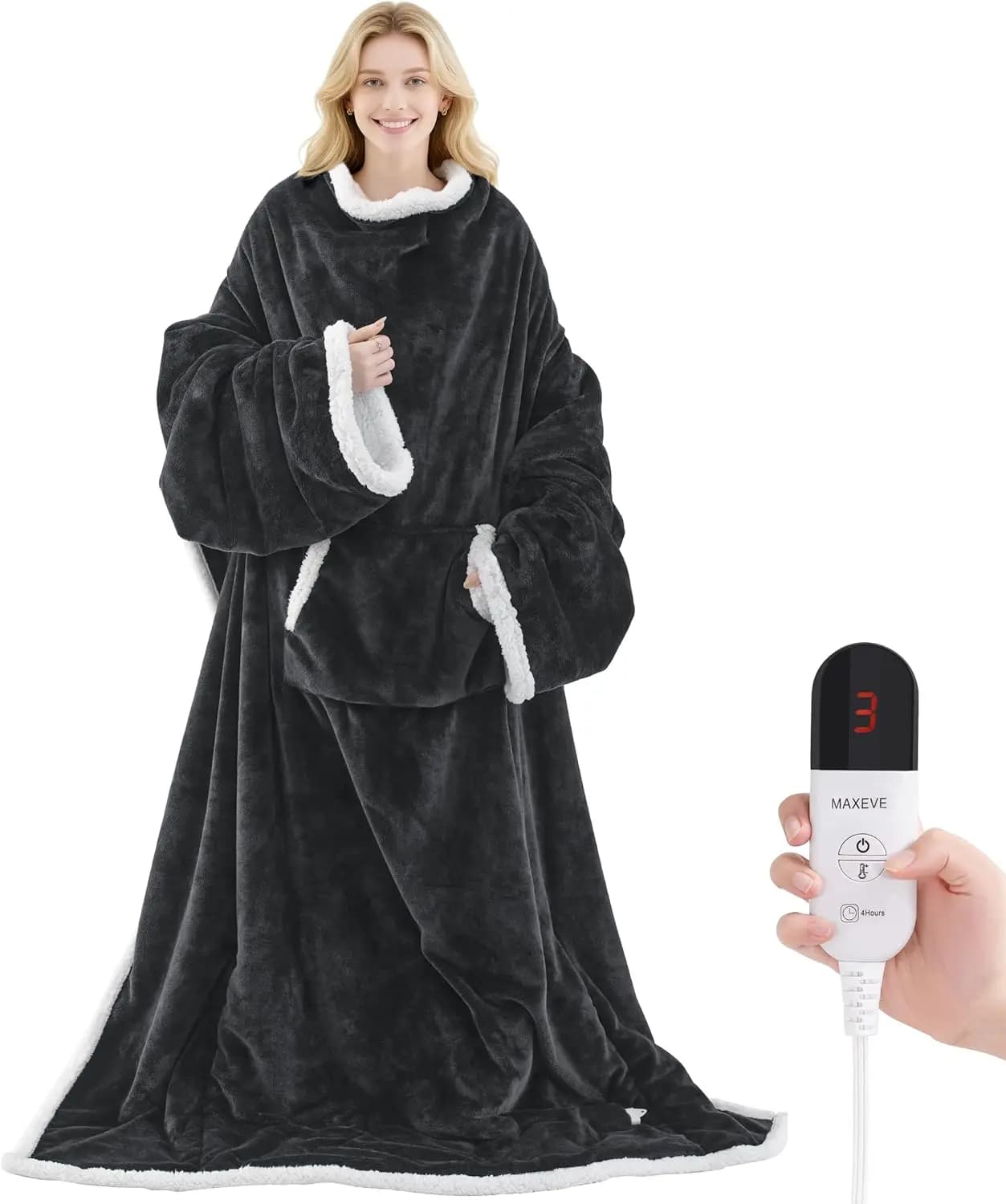 Coperta elettrica indossabile con tasca sul piede, maniche, 6 livelli di calore e spegnimento automatico, lavabile in lavatrice grigia