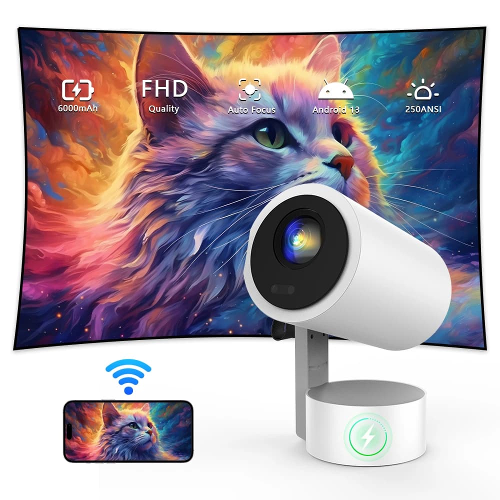 Mini videoproiettore R3P Android 13.0 1080P Full HD 6000mAh ricaricabile 4K messa a fuoco automatica WiFi 6 proiettore domestico compatibile Android