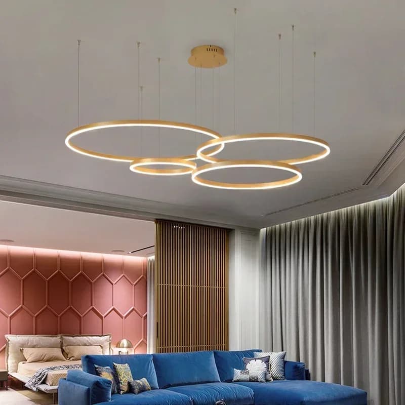 Lampade a sospensione moderne a LED Illuminazione domestica Anelli spazzolati Lampadario a soffitto Lampada a sospensione rotonda Lustro color caffè dorato