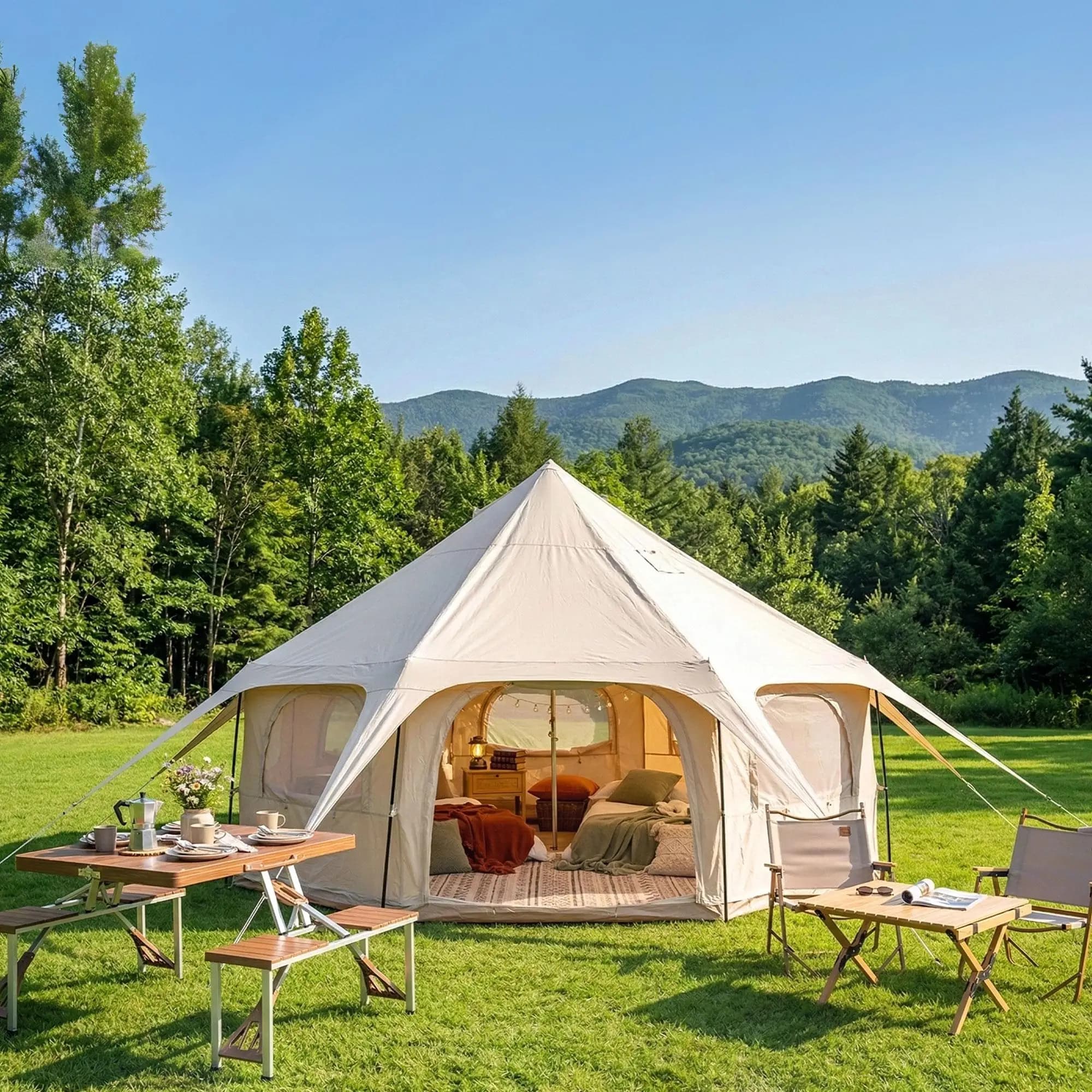 600D Oxford Bell Tent 14.8x9.2ft with Stove Jack for Glamping & Family Camping
