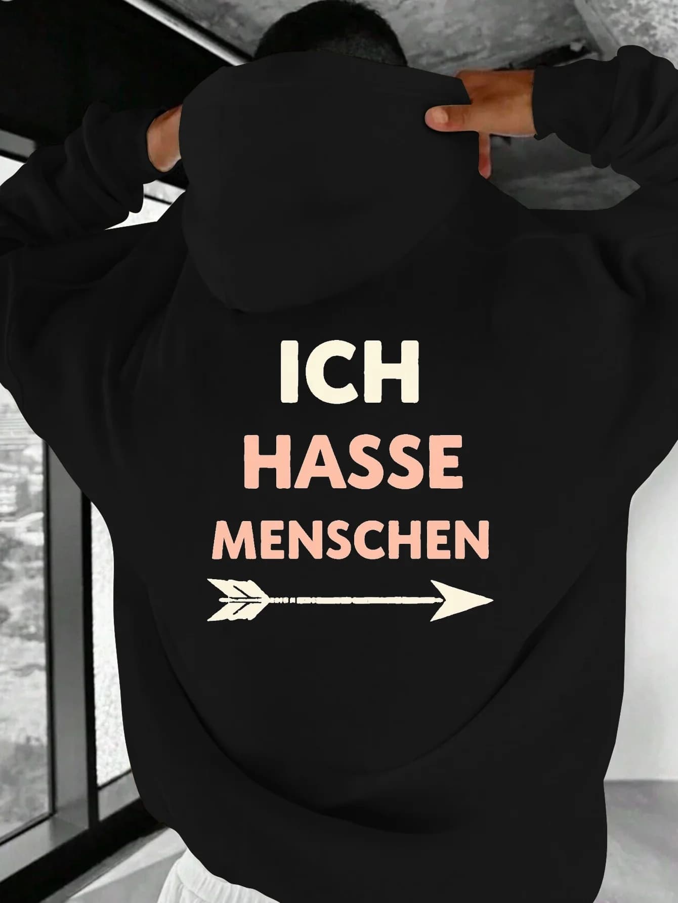 German Statement Hoodie, Men's "Ich Hasse Menschen" Arrow Print, Hip Hop Sport Inspired Casual Streetwear Pullover Tops