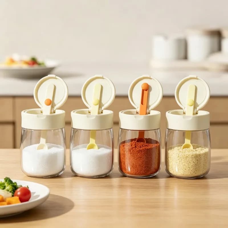 1PC Retractable Spoon Lid Glass Spice Jar Set Airtight Moisture Proof Seasoning Dispenser Salt Shaker for Kitchen Storage
