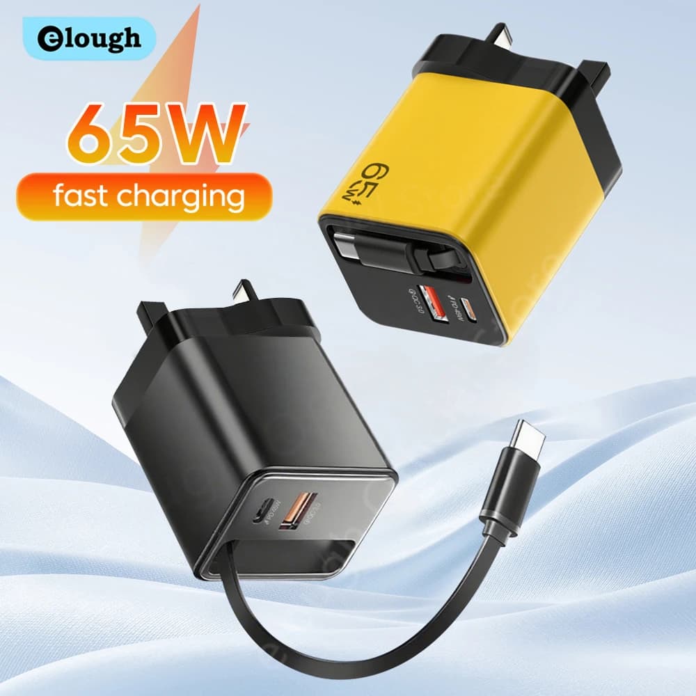 Elough Caricatore per telefono USB tipo C con spina UK da 65 W con cavo USB C telescopico a ricarica super veloce per iPhone 16 Caricatore per laptop Samsung