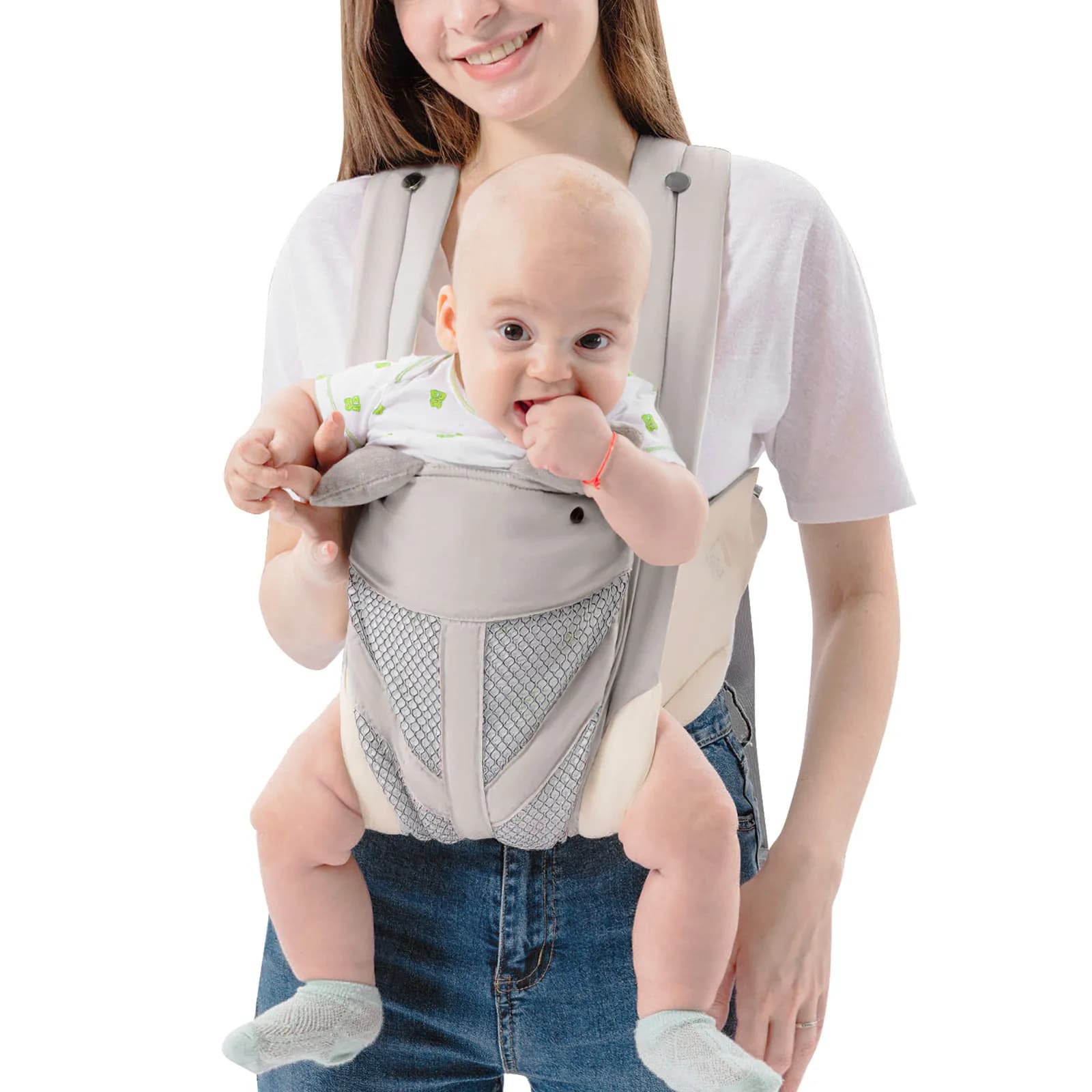 Marsupio grigio leggero per neonati e bambini, ideale per viaggi all'aperto, design confortevole e sicuro