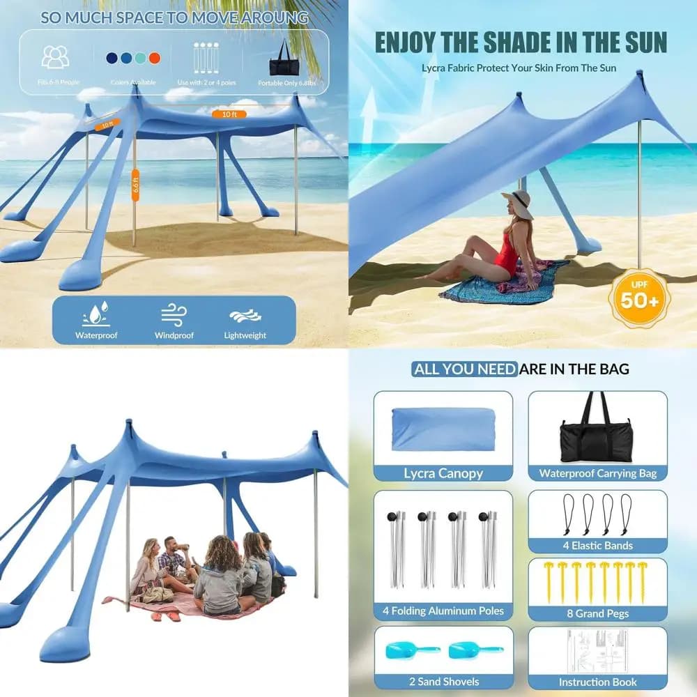 Portable beach tent with 8 sand bags, 4 poles, solar pop-up shelter, easy installation, includes sand shovel, ground picks, transport bag for O