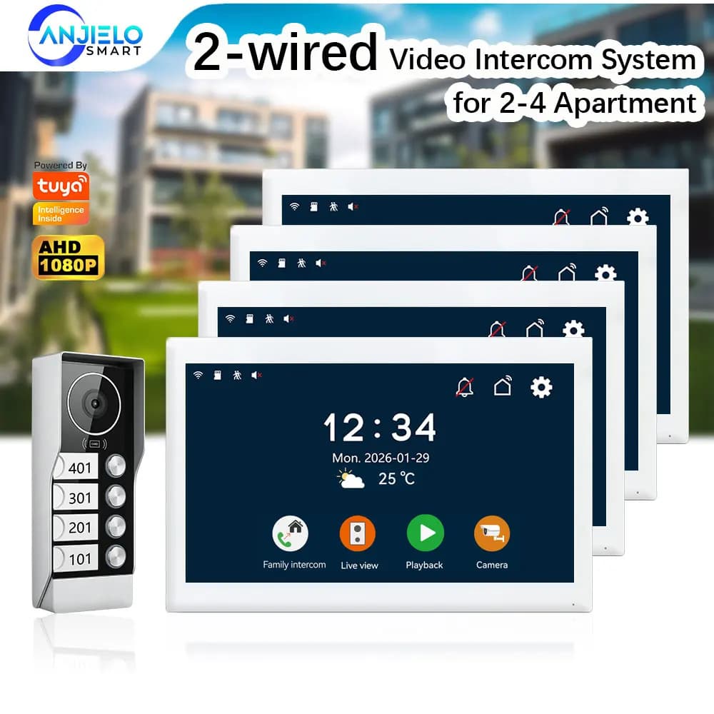 ANJIELO Videocitofono 1080P a 2 Fili per 2-4 Appartamenti con Sblocco Tramite Scheda RFID, Citofono Video Tuya Smart Home
