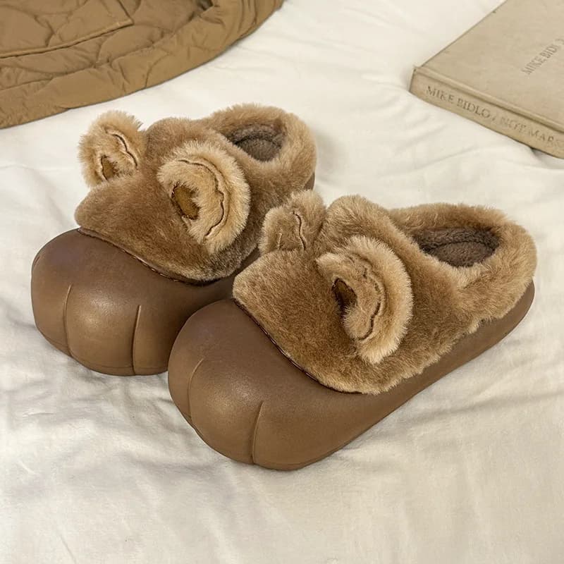 Winter Plush Bear Ear Waterproof Slippers Cute Thickened Home Non Slip Warm Shoes Bedroom Parent‑child Warm Slippers